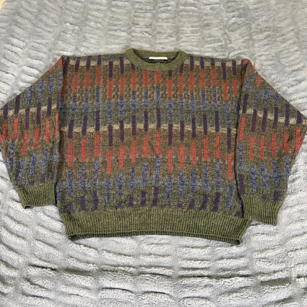 Geoffrey Beene Classics Mens L Vintage 90s Geometric Knit Sweater Olive Green